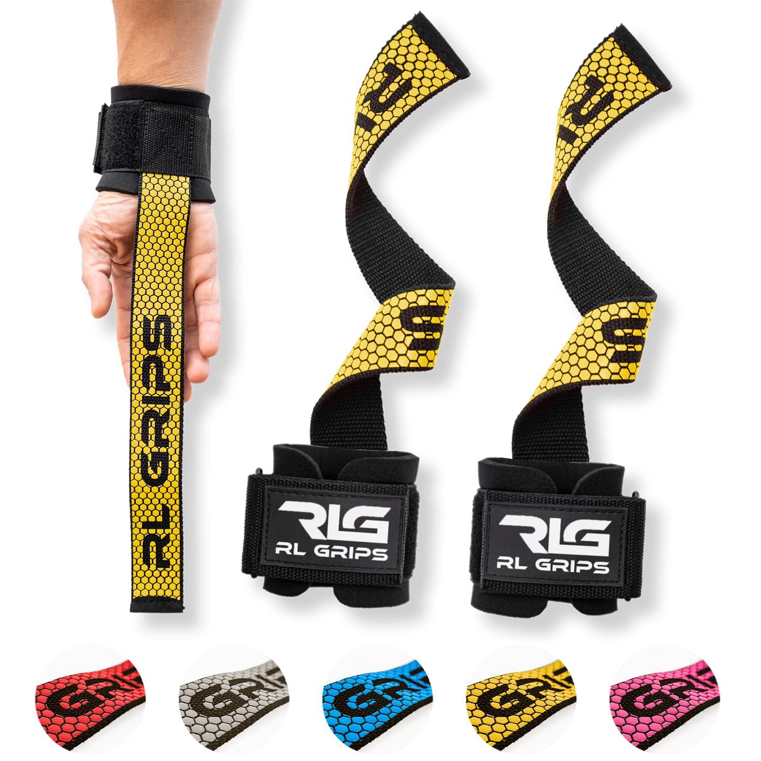 RL Grips® Straps Gym with Wrist Wraps for Weightlifting and Powerlifting - Grip Straps for Back with Wrist Protection - Gym Handles for Deadlift and Bodybuilding (Yellow)
