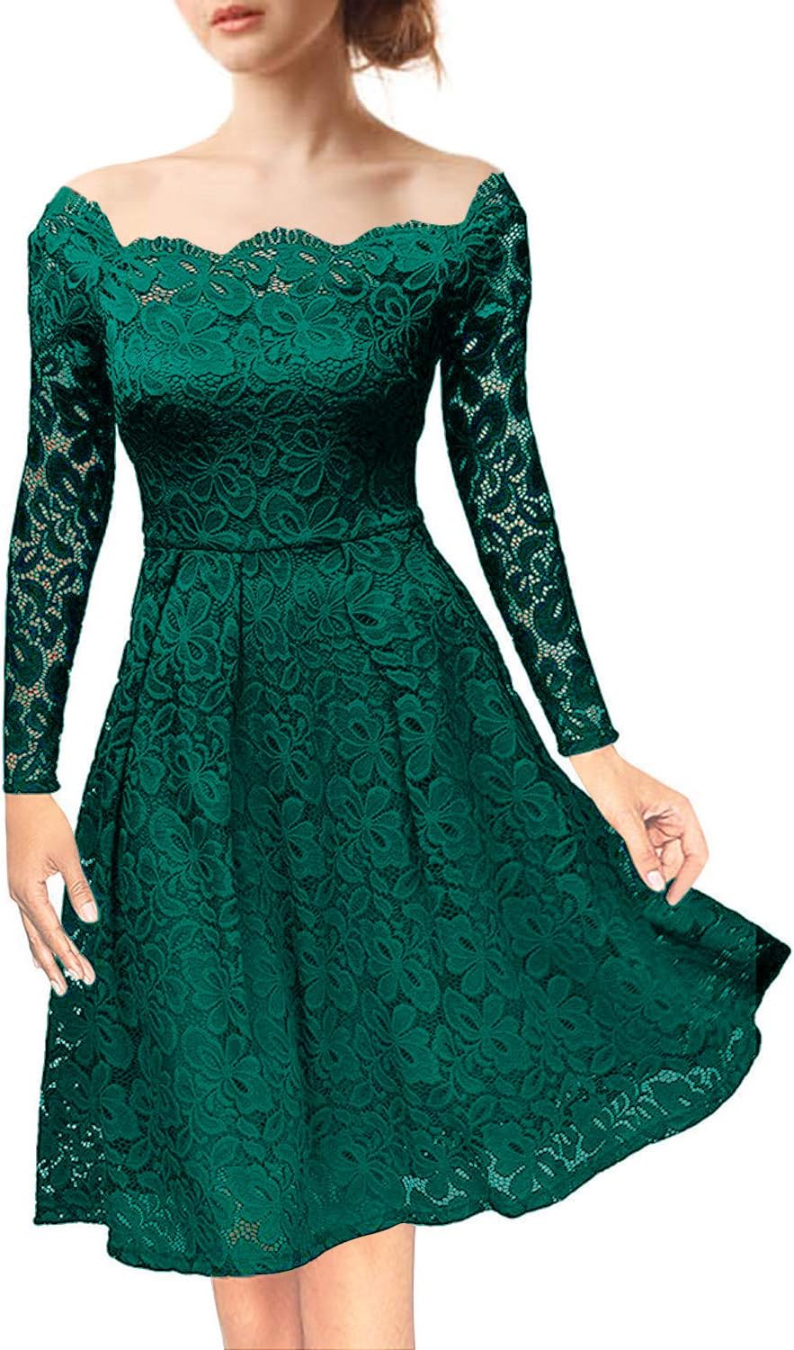 Women Lace Dress Vintage Floral Off-Shoulder Boat Neck Long Sleeves Cocktail Party A-Line Swing Dress