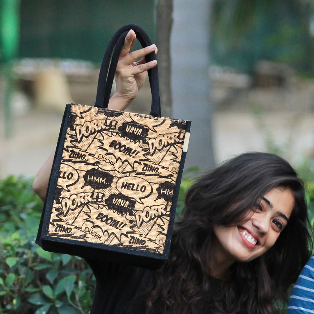 h&b jute waterproof lunch bag for men and women, 11x9x6-inches(multicolour)