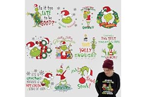 FUKIDOG 12 Sheets Christmas Decorations Iron on Transfers Patches Cartoon Xmas Green Monster Iron on Transfer Stickers Vinyl Heat Transfers Iron on Decals Appliques for Clothes T Shirts DIY Craft Supplies