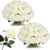 Nubry 50pcs Artificial Silk Roses Bulk,Fake Roses Flower with Stems Realistic Flowers for Wedding Centerpiece Home Party Decor(White)