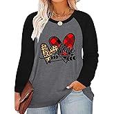 Plus Size Valentines Day Shirt Women Buffalo Plaid Love Heart Graphic Tees Cute Long Sleeve Tops Clothing for Her