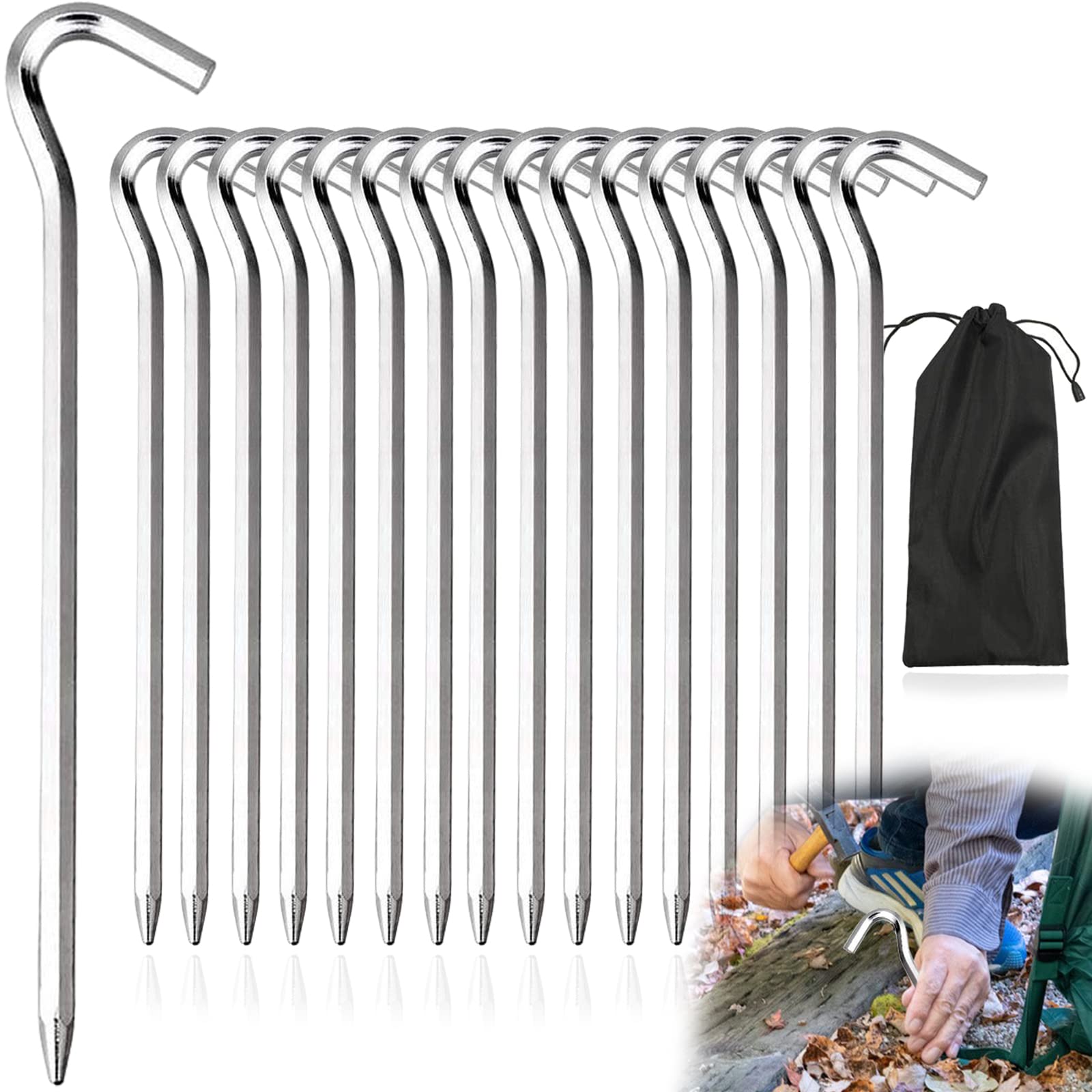Tokeya Tent Pegs 16 PCS Heavy Duty Metal Ground Peg 6MM Tent Hooks Strong Aluminum Alloy Rust Free Camping Pegs for Traveling, Beach, Outdoor Hard Ground, Football Net Marquees and Hiking