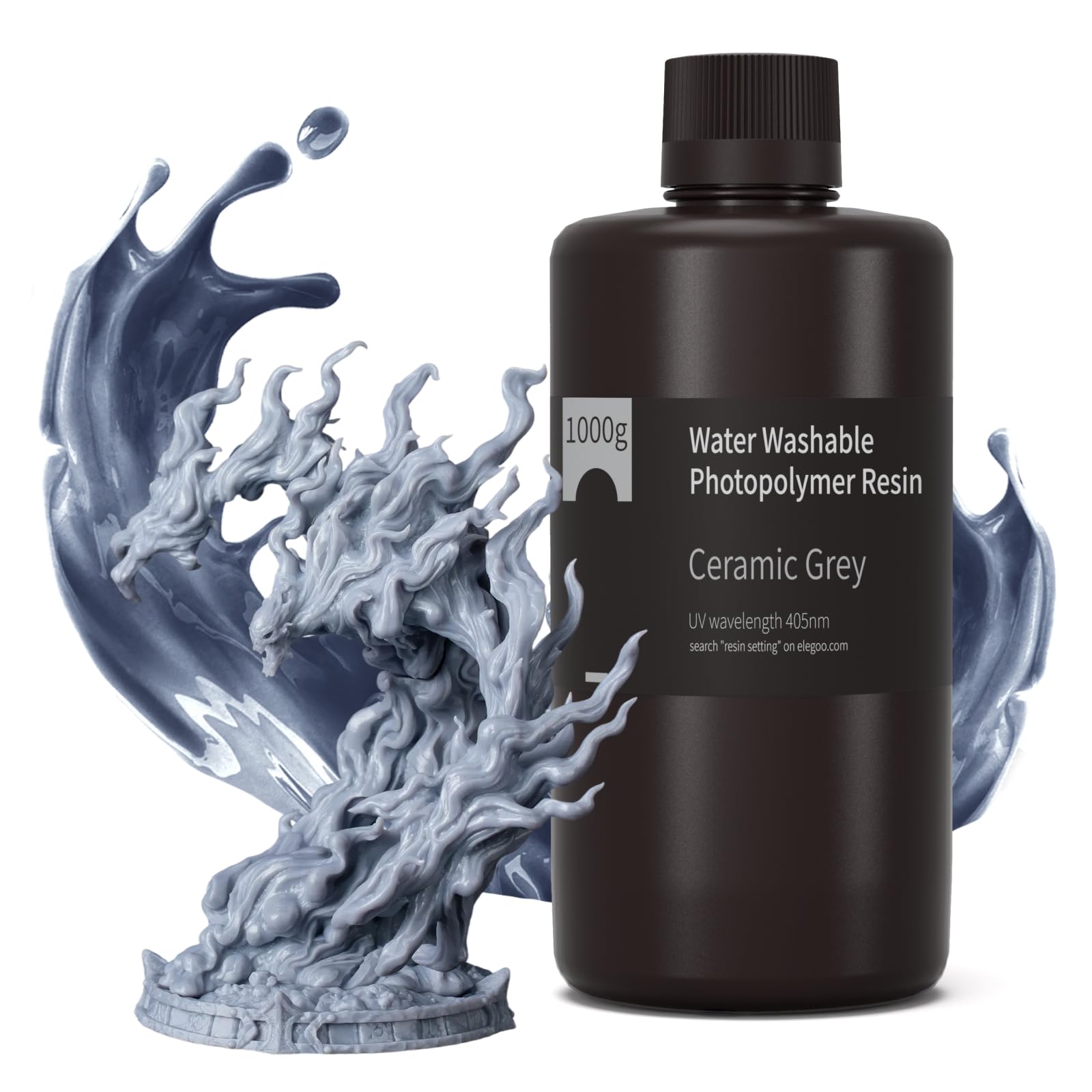 ELEGOO Water Washable 3D Printer Resin 1.0, Ceramic Grey 1000g, Fast Curing, Easy Cleanup with Water, Smooth Finish & High Precision 405nm UV Resin for LCD/MSLA 3D Printing