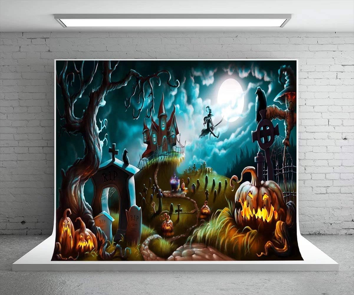 7X5ft (220x150cm) Halloween Photography Backdrop Party Photo Booth Backdrop Castle Pumpkin Rip Night Background Children,Adult