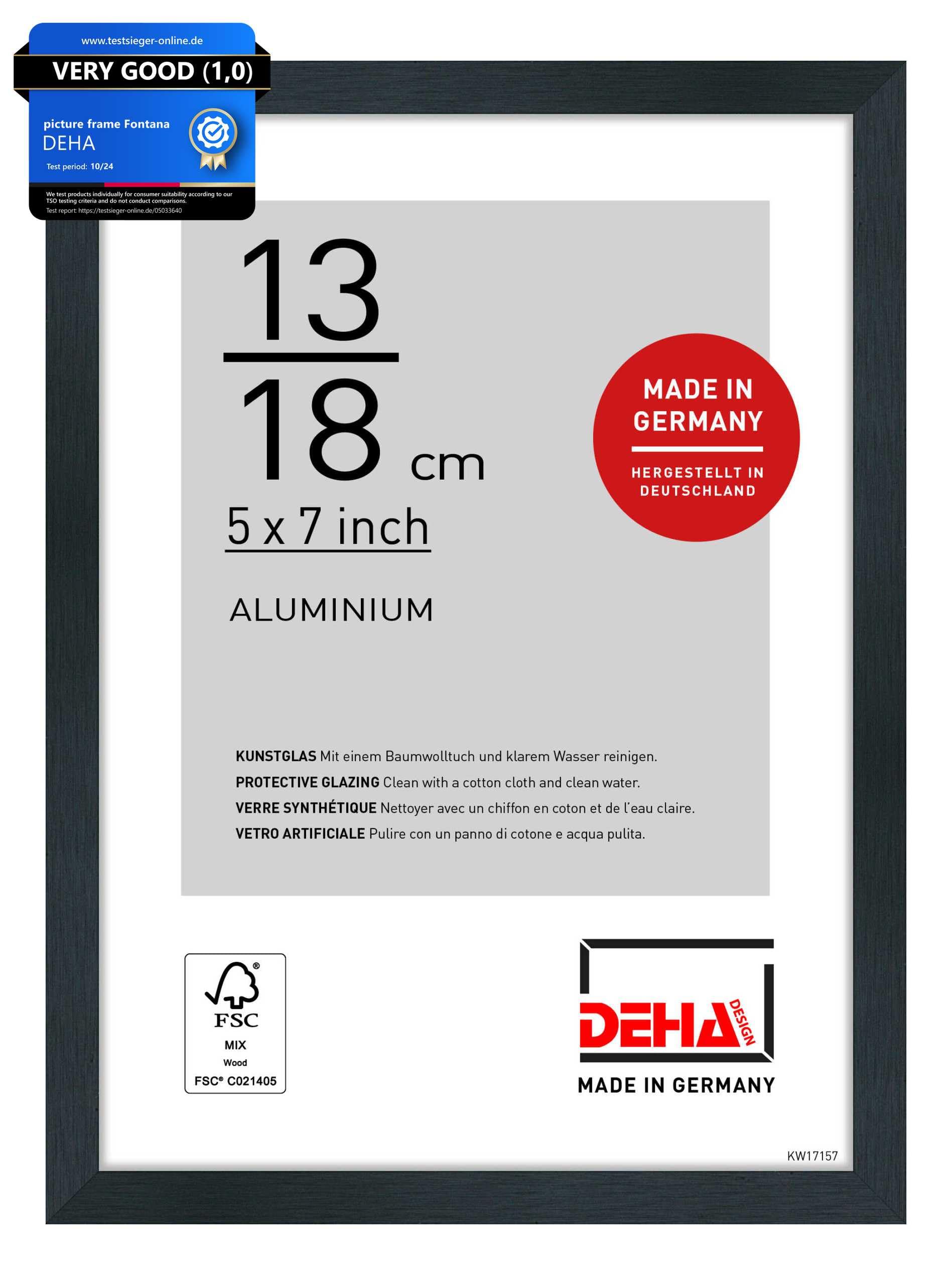DEHA Design Tribeca Aluminium Picture Frame - 13x18 cm (5x7 in) – Brushed Black - with Synthetic Glass and Push/Turn Clips
