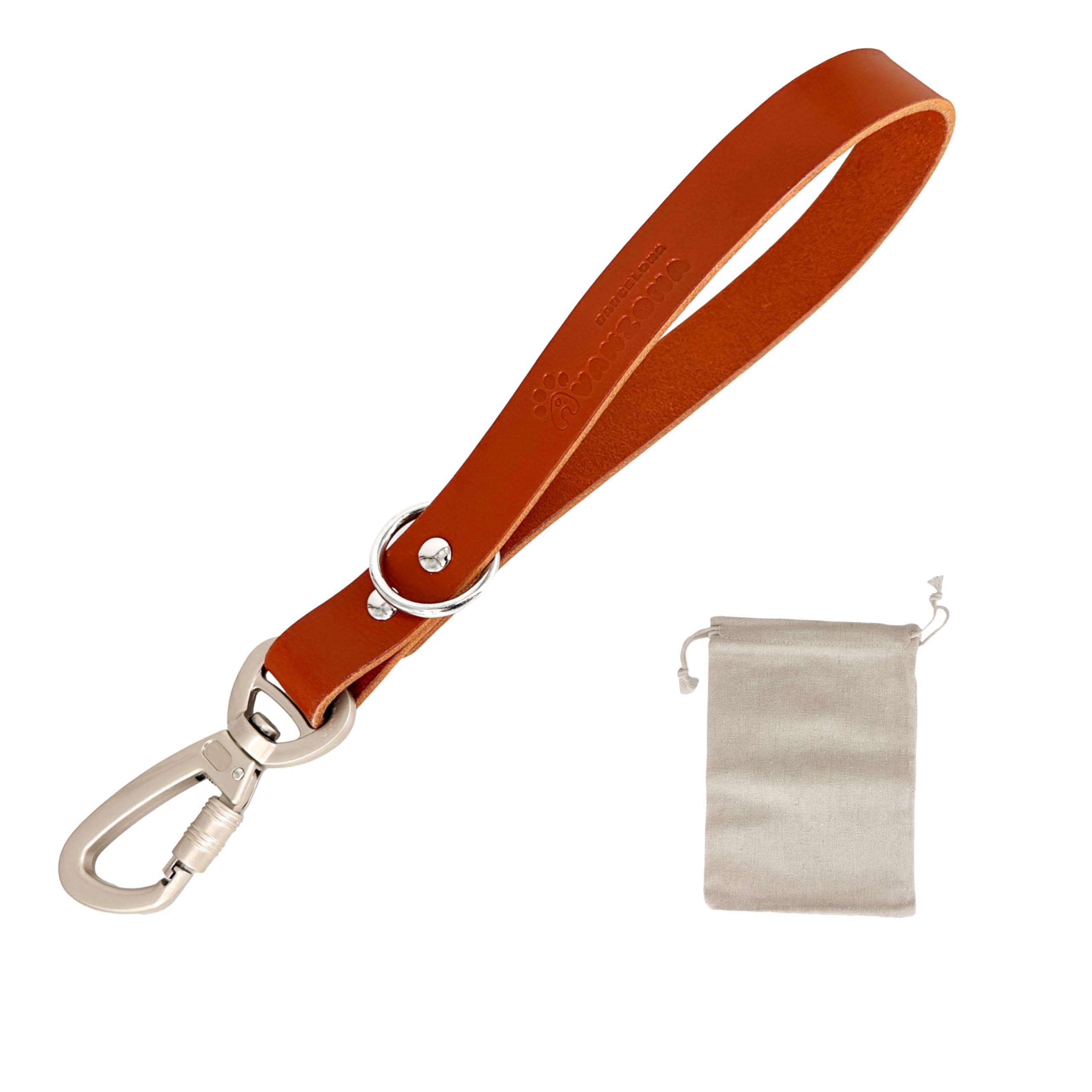 Leather Dog Lead Handle. Safety Locking Hook. Short Dog Leash for Large Dogs. DIY for Multi-Purpose. Handmade in Spain. 32cm. Cognac.