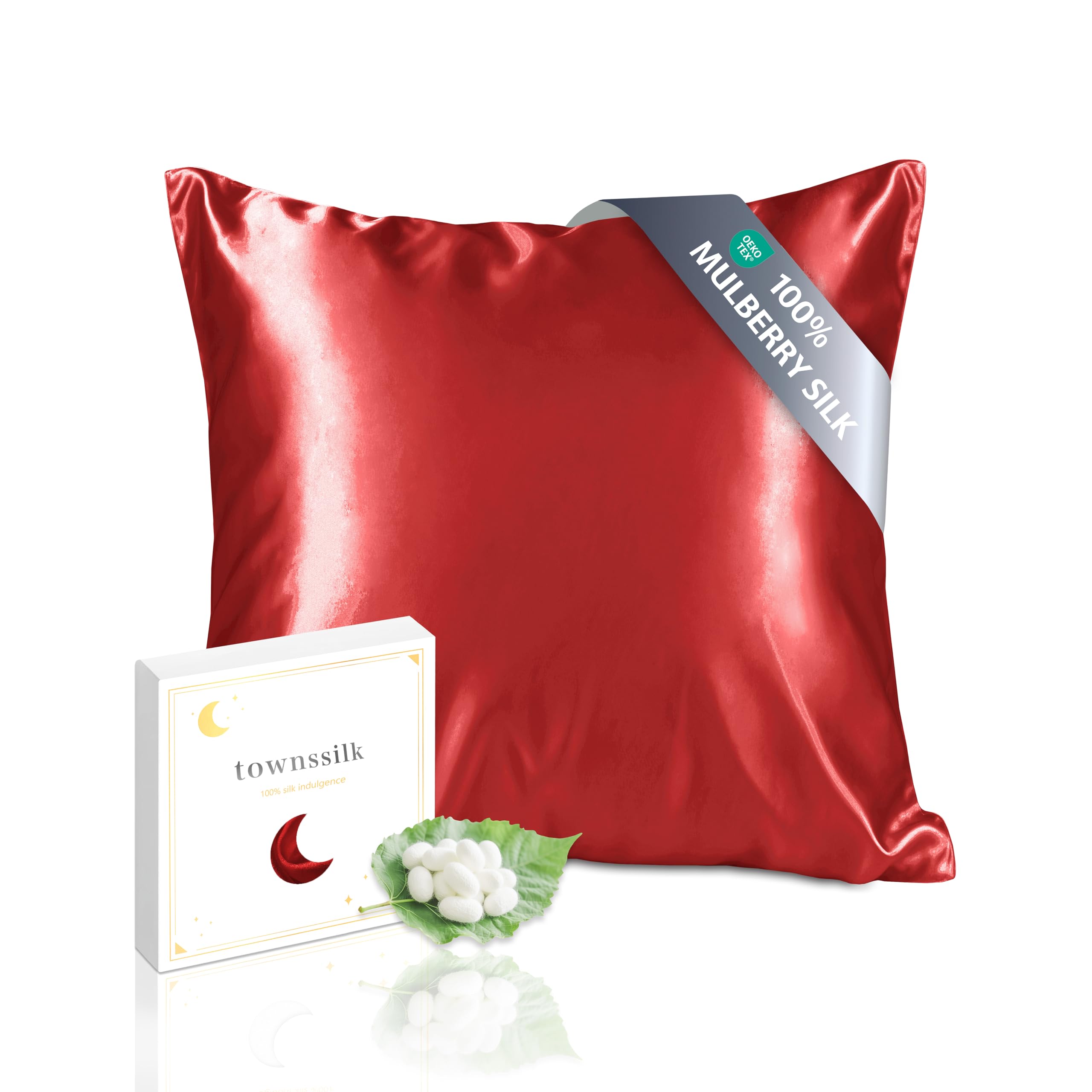 townssilk 19Momme Silk Pillowcase, 100% Natural Mulberry Silk, Double Sided, Beneficial for Hair and Skin, Hypoallergenic, Hidden Zipper, 1 Piece, 40 x 40 cm, Red