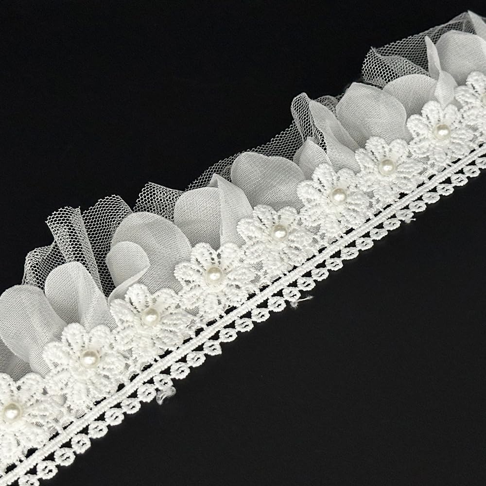 View 1 of 2 Yard Vintage Flower with Pearl Beads Lace Trim Ribbon Elegant Floral Embroidered Sewing Lace Applique for Wedding Bridal Dress Clothes Costume Hat Toy Doll Dress Decoration (White, 2 Yard)