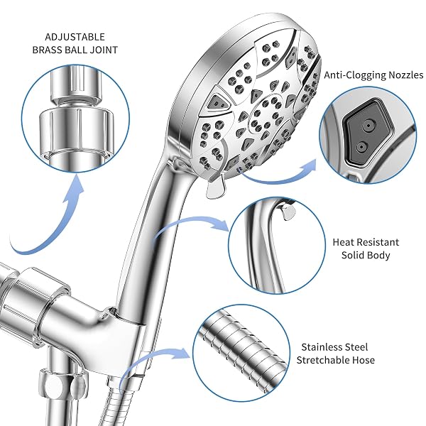 HIGH PRESSURE 8-MODE HANDHELD SHOWER HEAD WITH 5 FT STAINLESS STEEL HOSE AND ADJUSTABLE BRACKET, BUILT-IN POWER WASH TO CLEAN TUB, CLEAN CORNER,TILE & PETS