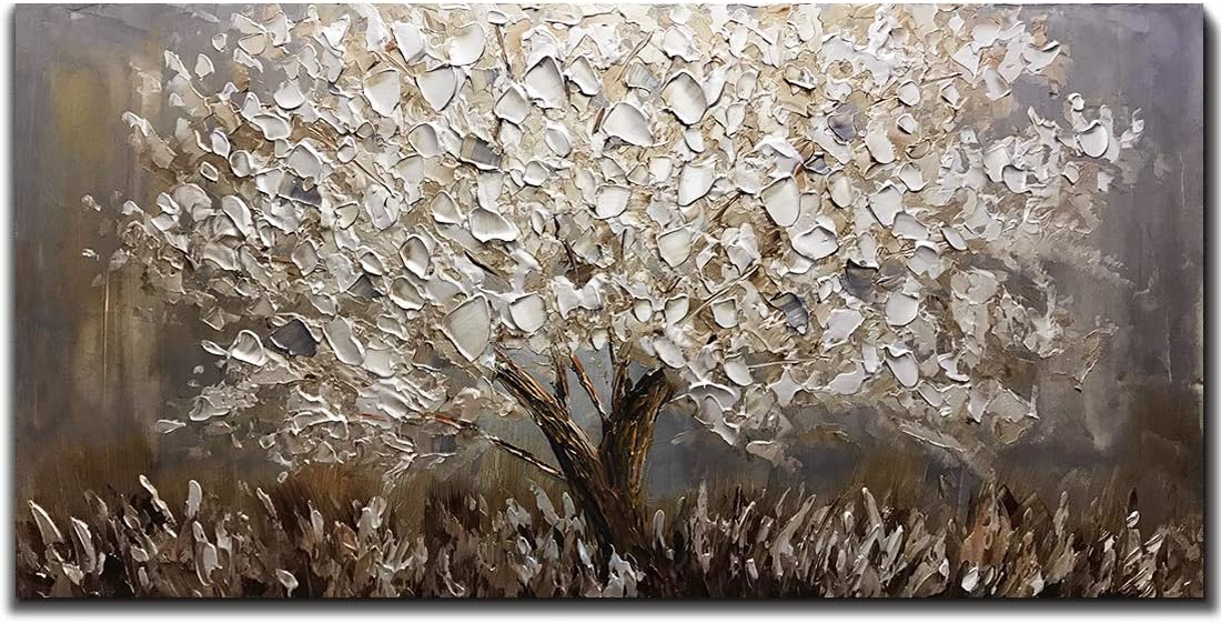 Paintings - Boiee Art,24x48Inch Textured Hand Painted Canvas Paintings Silver Leaves Abstract Tree 3D Oil Paintings Landscape Artwork Modern Home Decor Wall Art Wood Inside Framed Hanging Wall Décor