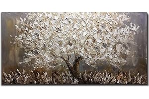 Boiee Art,24x48Inch Textured Hand Painted Canvas Paintings Silver Leaf Abstract Tree 3D Oil Paintings Landscape Artwork Modern Home Decor Wall Art Wood Inside Framed Hanging Wall Décor