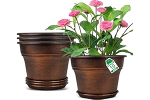 Fodetyff 10 Inch Planters Plant Pots Indoor Outdoor, 4 Pack Plastic Flower Pot for Indoor Plants with Drainage Holes & Trays, Resin Decorative Container Sets with Saucer for House Garden Copper