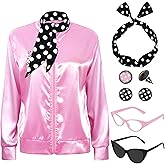 SOMSOC 1950s Pink Satin Jacket with Neck Scarf Headband Earrings Cat Eye Glasses Halloween Cosplay Costume Set for Women Girl