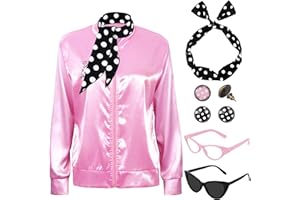 SOMSOC 1950s Pink Satin Jacket with Neck Scarf Headband Earrings Cat Eye Glasses Halloween Cosplay Costume Set for Women Girl