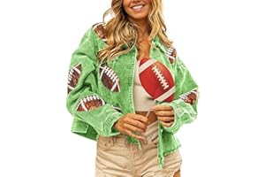 happlan Football Sequin Embroidery Rugby Cropped Frayed Hem Vintage Washed Corduroy Jacket Coat Shacket for Women