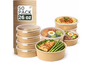 26oz 50Pack Kraft Paper Bowls with Lids, Disposable Meal Prep Containers for Restaurant, Party, Takeout Food (26oz 50Pack)