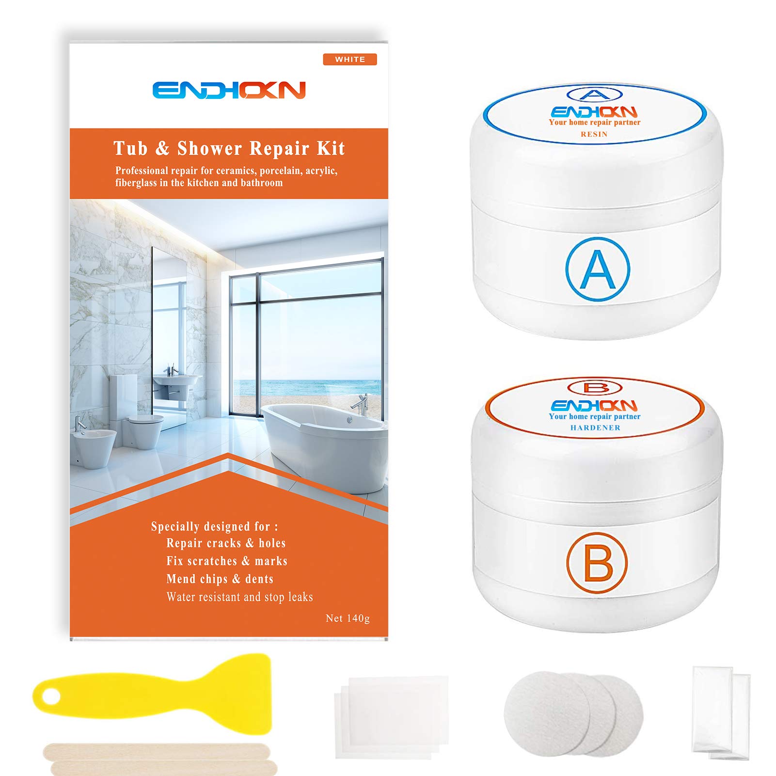 Bathtub Repair Kit White 140g, Endhokn Ceramics Enamel Fiberglass Porcelain Acrylic Repair Kit, Tile Tub Sink and Shower Repair Kit for Scratch, Holes, Cracks