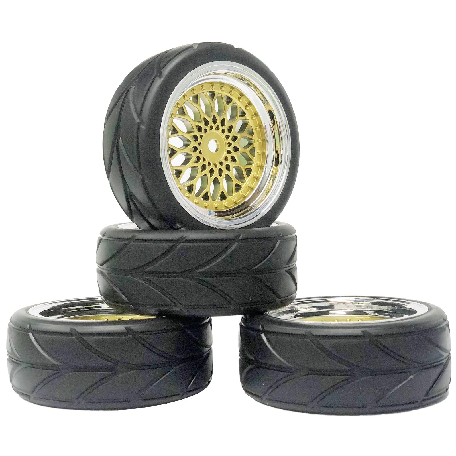 KEEDA RC Car Tyres and Wheels Set, 64 mm Rubber Tyres & 12 mm Hex Plastic Wheel for 1/10 RC On-Road Touring Racing Car (Gold)