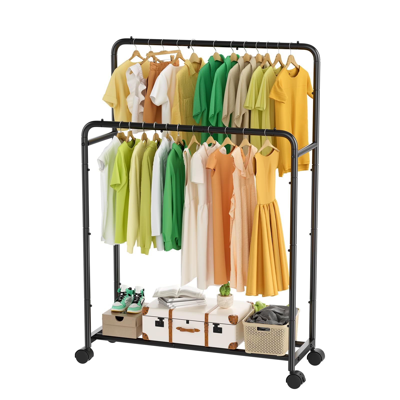 Simple Trending Clothing Clothes Rack Double Rods with Wheels, Rolling Metal Garment Rack for Hanging, Black Image