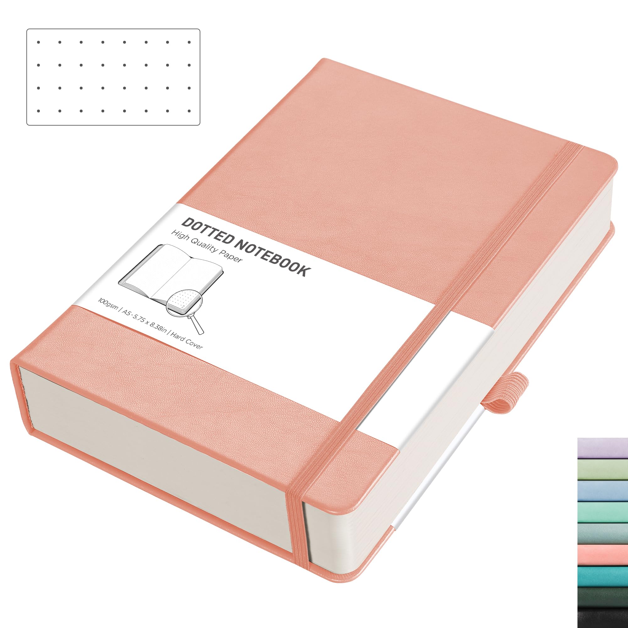 RETTACY A5 Bullet Dot Grid - Dotted Notebook With 320 Numbered Thick Journal Leather Hardcover 100gsm Paper Pen Holder, Inner Pocket, 2 Free Journal Stencils 14.5 x 21cm - Pink — image 1