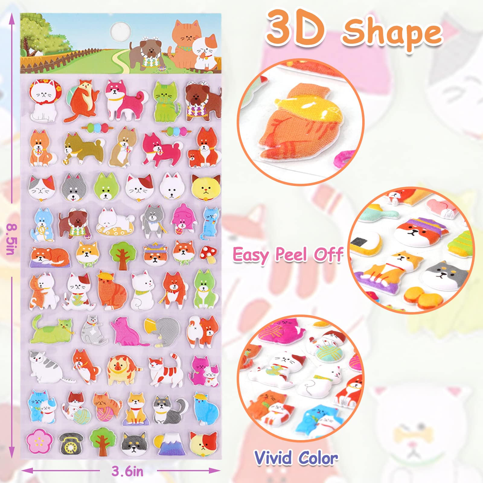 SHANGRLA Cat and Dog Puffy Stickers for Kids, Girls - 3D Puff Puppy Kitten Pet for Adults, Teens - Cute Small Dog Cat Face for Phone Case, Stationery, Albums - 4 Sheets
