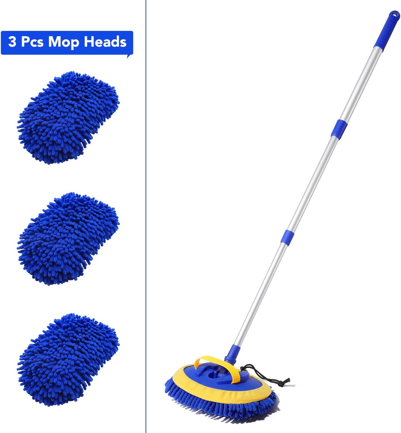 Amazon Com 2 In 1 Car Wash Mop Mitt With 3 Pcs Mop Heads 45 Long Handle Chenille Microfiber Car Wash Dust Brush Extension Pole Flexible Rotation Scratch Free Cleaning Tool Dust Collector Supplies Blue