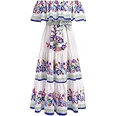 Women Mexican Dress Off Shoulder Floral Long Maxi Dress Summer Beach Party Cinco de Mayo Dresses with Belt