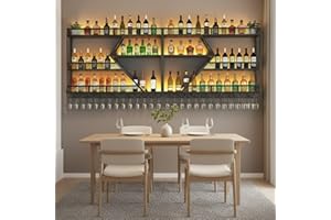 HFTUW 71in Modern Wall Mounted Wine Rack w/LED Light, Metal Wall Bar Shelves Wall Mounted w/Glass Holder, Large Liquor Shelf 