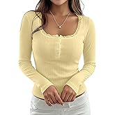AKLOPVII Women Cute Lace Trim Button Down Cropped T Shirts Y2k Preppy Fall Pointelle Scoop Neck Long Sleeve Crop Tees