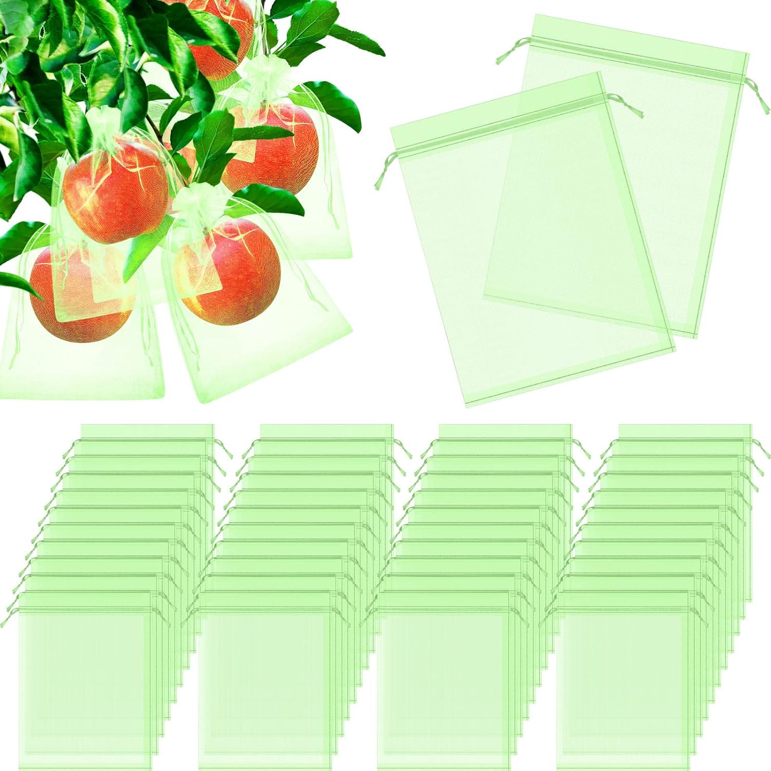 50 Pcs Fruit Protection Bags, Fruit Netting Bags, 6 x 8 Inch, Fruits Net with Drawstring, Penetrating Light Fruits Bag, Garden Plant Protect Net for Plant Flower Vegetable (Green)