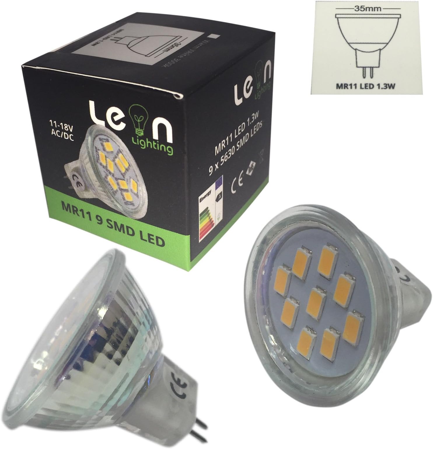2 x MR11 / GU4 12v LED Lamp 11v-18v Range AC DC 1.3w 200 Lumens Cool White Replace 10w - 20w Halogen