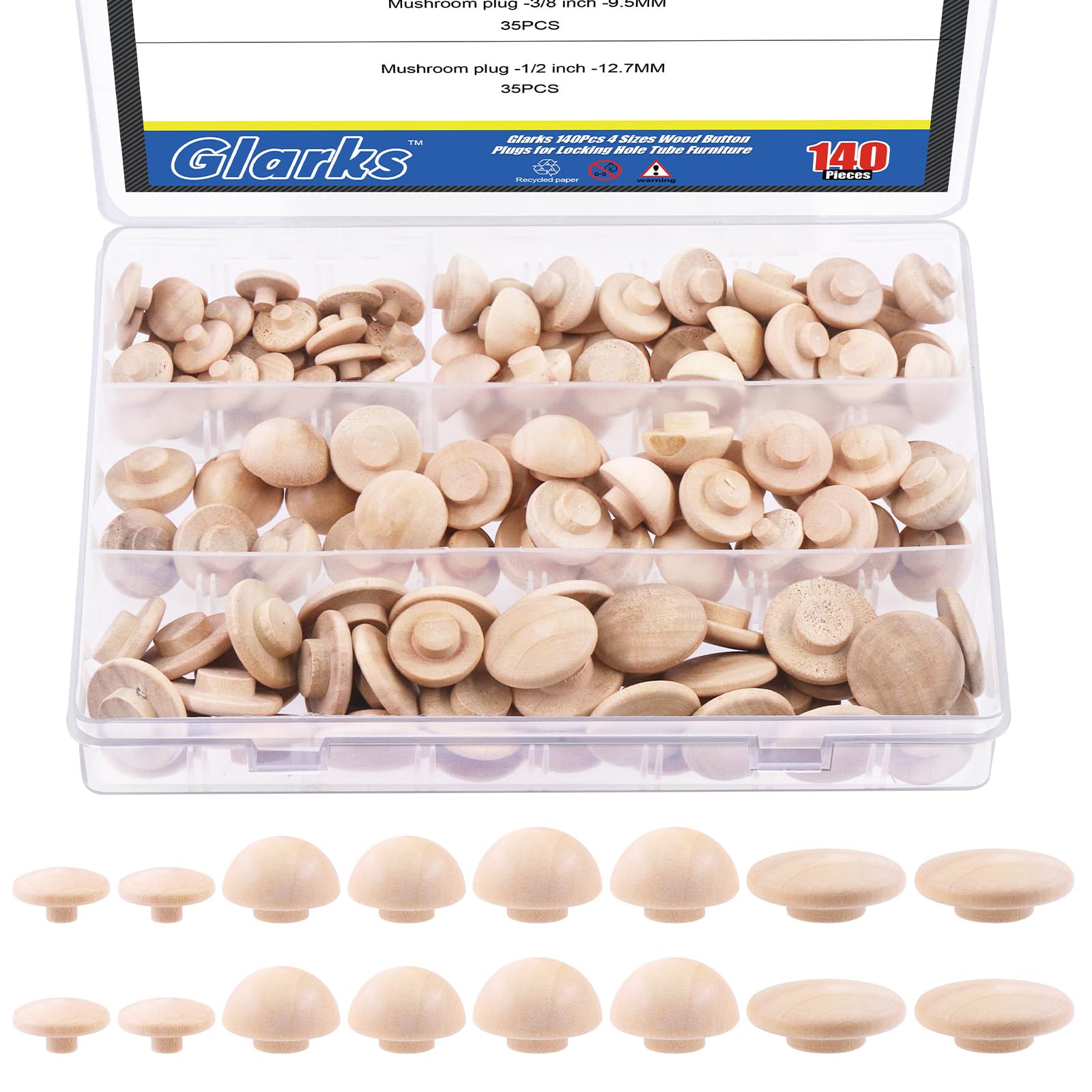 Glarks 140Pcs 4 Sizes Wood Button Plugs Set, 3/16 Inch, 5/16 Inch, 3/8 Inch, 1/2 Inch Hardwood Screw Hole Plugs Button Top Wood Plugs for Locking Hole Tube Furniture