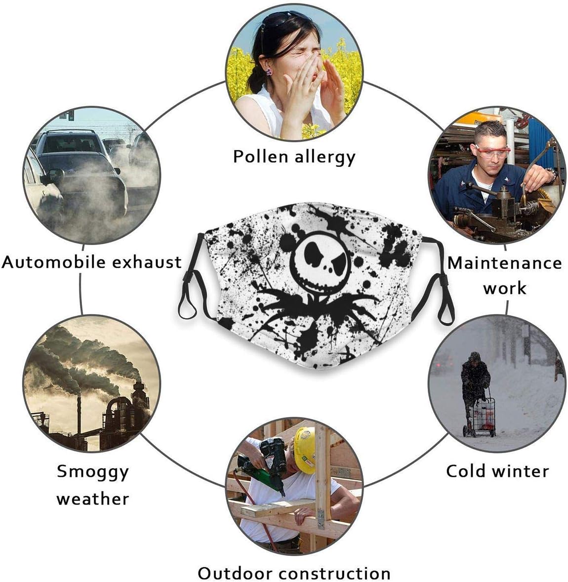 Narustop Fan Mart Windproof Breathable Mouth Guard Activated Carbon Filters, Jack Skellington Theme Painting Art Anti Dust Filters Protection Cover for Jogging Hunting - Adjustable Ear Loops : Sports & Outdoors