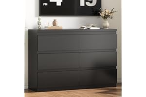 Jocoevol Modern Black 6 Drawer Dresser - Simply Chest of Drawers for Bedroom, Closet, Living Room, Hallway, Entryway, Wood Storage Double Dresser with Smooth Metal Rails - Black