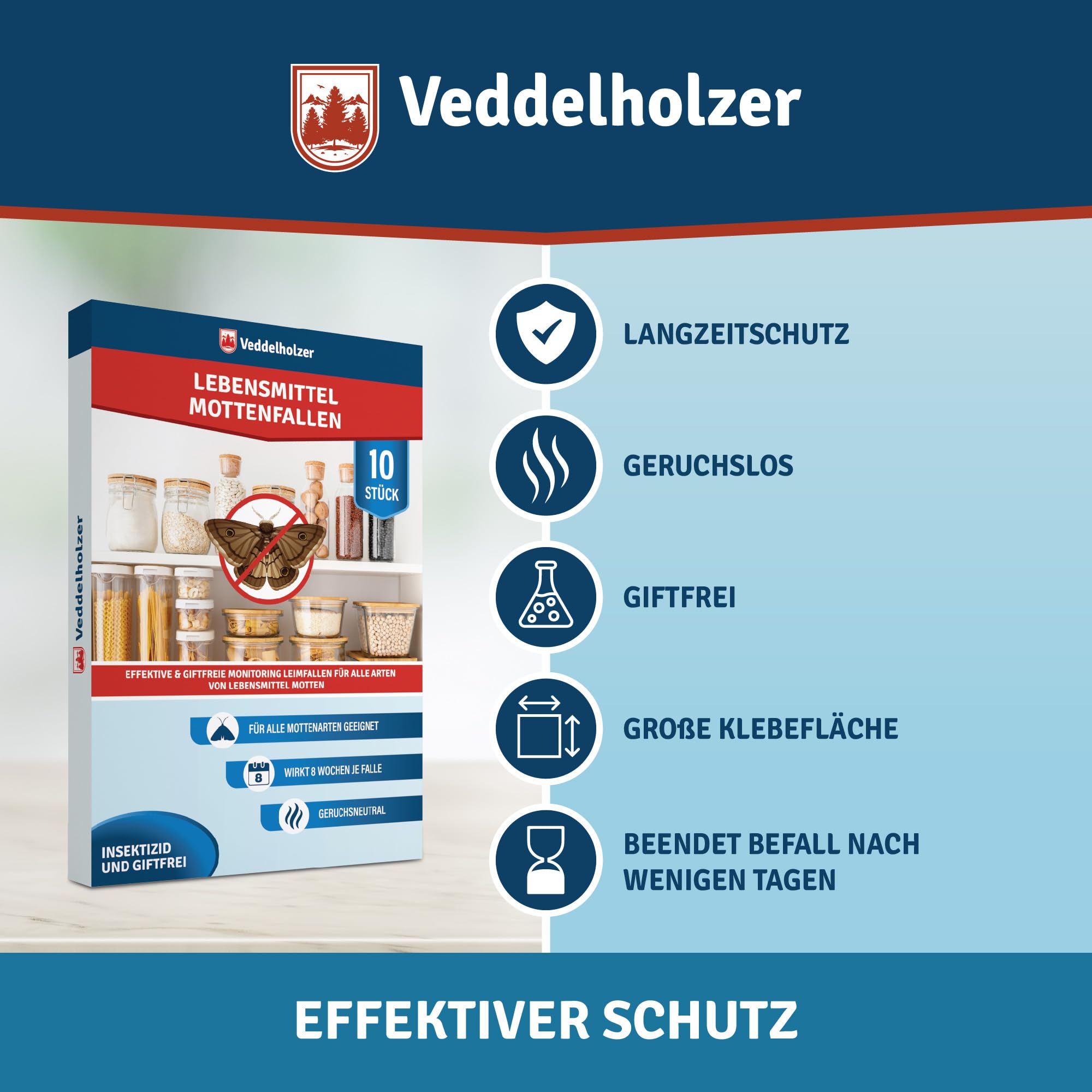 Veddelholzer 10 Stück Lebensmittelmotten-Falle mit Pheromon Lockwirkung Effektiv Lebensmittelmotten bekämpfen Monitoring von Motten dank Hochleistungs- Leimfalle Langzeitschutz 10 x 8 Wochen 2