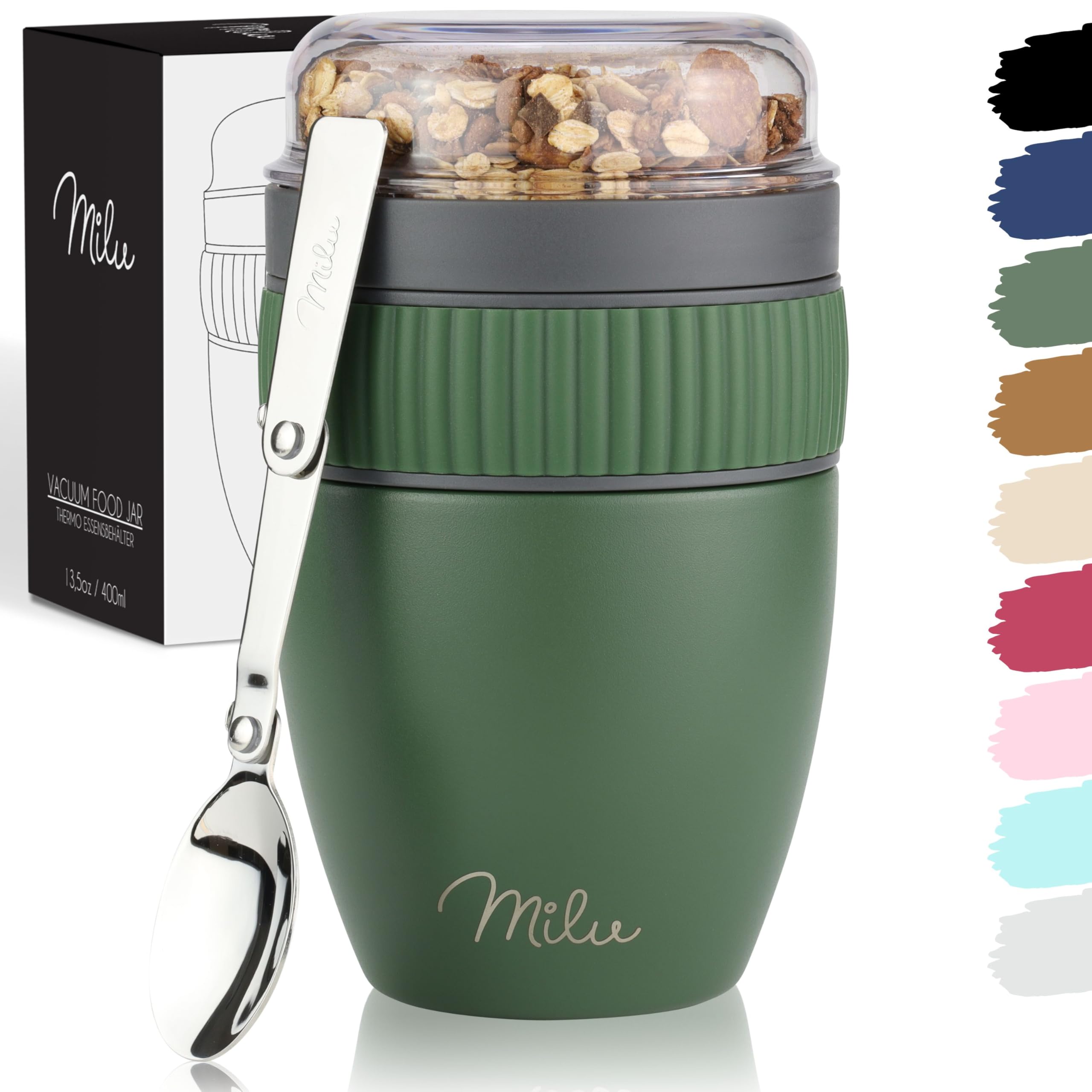Milu Cereal Cup to go 400ml I insulated yoghurt cup for muesli I leak-proof cup with spoon for yoghurt/porridge (Olive Green)