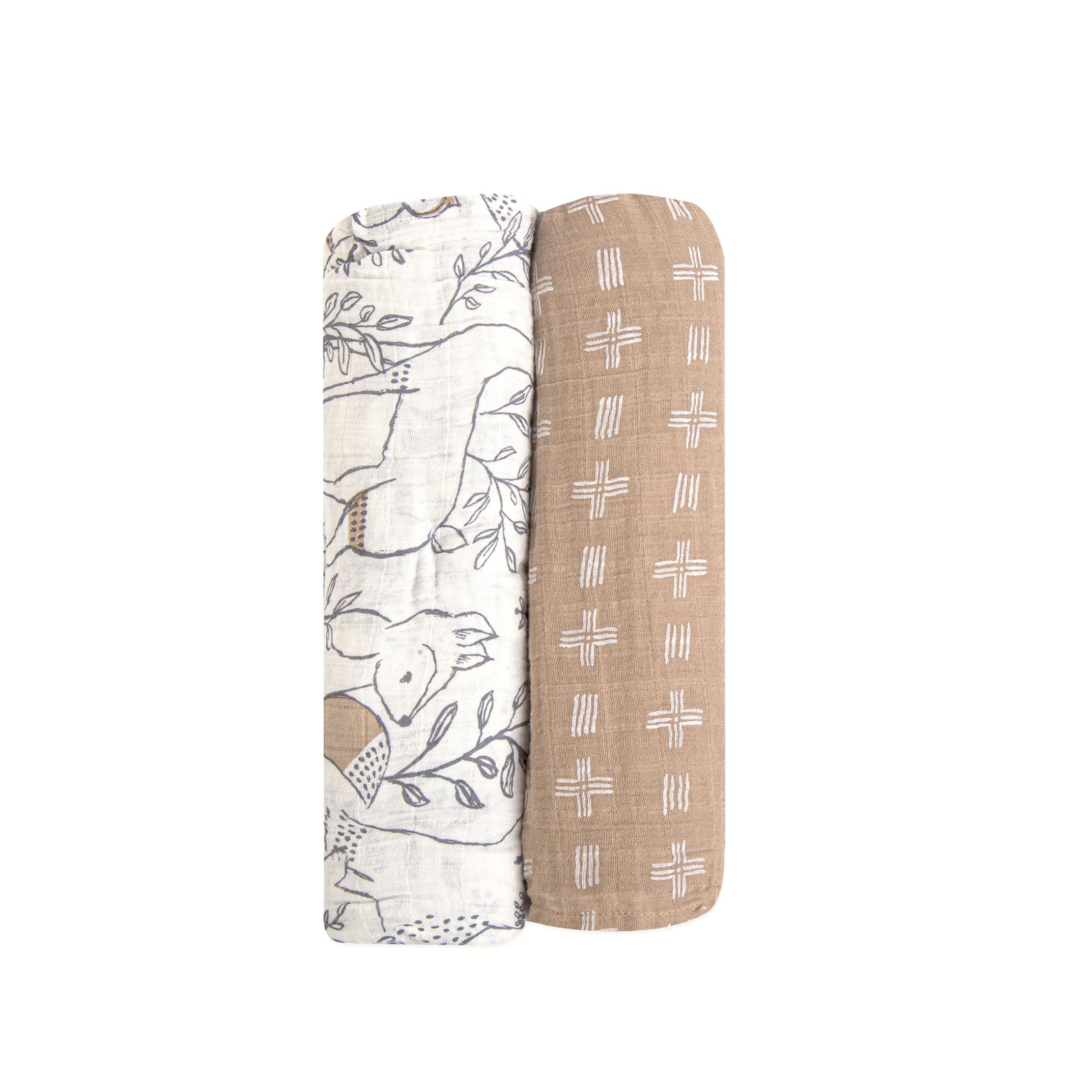 Photo 1 of Crane Baby 100% Cotton Muslin Swaddle Blankets, Set of 2, 47" x 47", Boho Woodland Baby, Forest Animals Swaddle, Neutral Baby Items