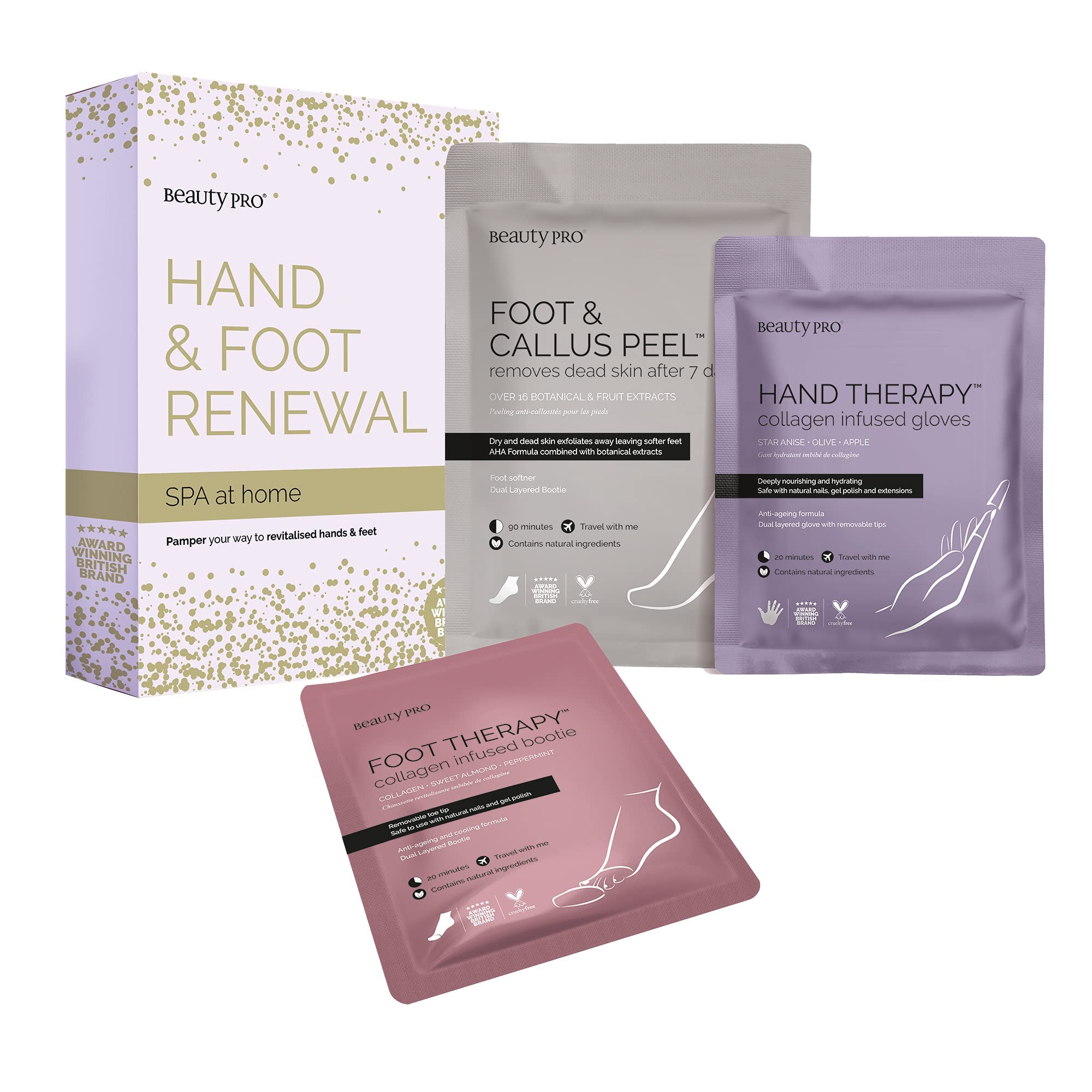 BEAUTYPRO HAND & FOOT RENEWAL SPA Home Beauty Gift Pamper Set 3-in-1 Exfoliating Sock Foot Peel Mask & Hand Mask Gloves Deeply Hydrate & Nourish Natural Vegan Skincare Multi Award Winning Brand 3 Pack