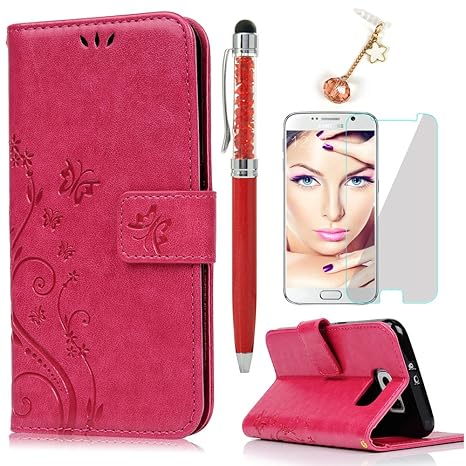 S6 Hülle Leder Handyhülle, KASOS PU Leder Schutzhülle Flip Case Cover Handytasche Backcover mit Schmetterling Blumen Design i