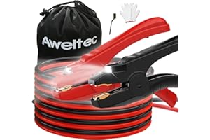 AWELTEC Jumper Cables with LED Light - 6 Gauge 16 Feet Battery Heavy Duty Booster Cables (6AWG x 16Ft) with Carrying Bag, Safety Gloves and Iron Brush