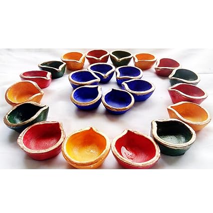 Terra Art Clay Earthenware Set Of 20 Decorative Handcrafted Multicolor Diya
