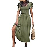 CUPSHE Women's Summer Dress Square Neck Striped Smocked Dress Ruffled Cap Sleeves Dress A Line Maxi Formal Dress