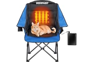 DEERFAMY Heated Camping Chair with 12V Battery Pack, 3 Level Intelligent Heating, Adjustable Backrest Seat Heating, Oversized Heated Folding Chair with Cup Holder, Rich Pockets for Outdoor Sports