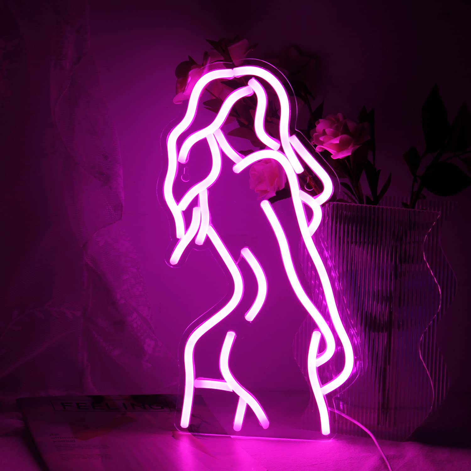 Wanxing Upper Body Neon Sign, Sexy Lady Back Neon Signs for Wall Decor, Pink LED Light up Sign with USB Powered for Bedroom, Livingroom, Girls' room