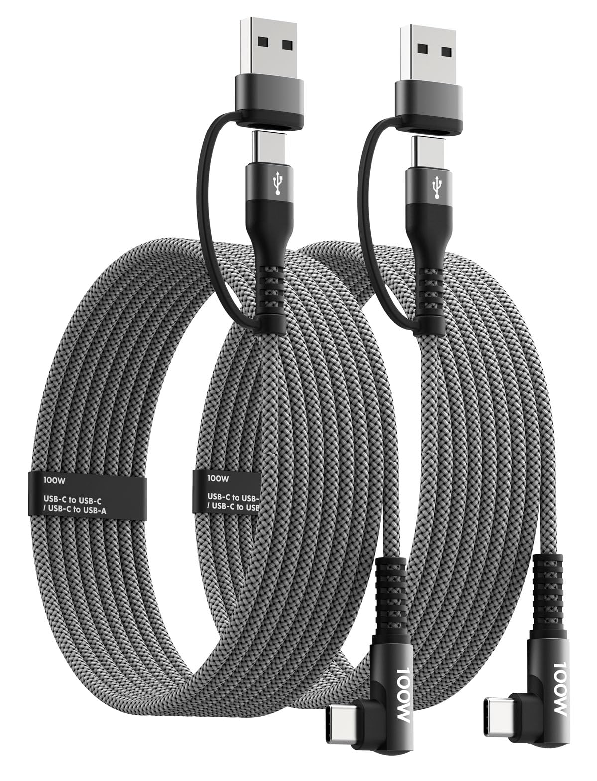 Photo 1 of 100W Fast USB C Charger Cable Right Angle, USB A/C to USB C Cable, 90 Degree Type C Braided Charging Cord for iPhone 17 16 15 Series,Samsung UItra S25 S24,MacBook (2, Grey, 4ft)