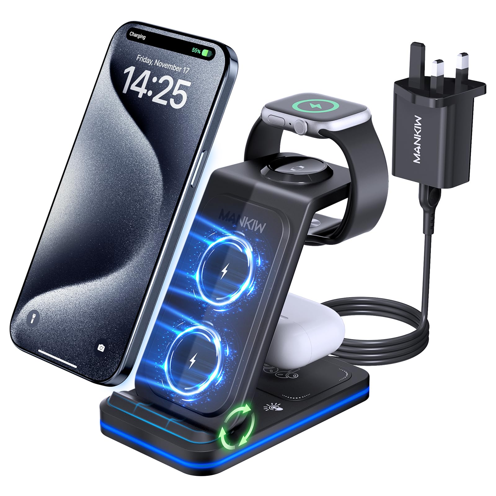 MANKIW Wireless Charging Station for iPhone, 3 in 1 Foldable Wireless Charger for iPhone 17/16/15/14/13/12/11/Pro/Max/XS/XR/X/8, iWatch 11/10/9/8/7/6/5/4/3/2/SE, AirPods 4/3/2/Pro