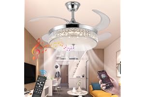 Bavnnro 42'' Crystal Ceiling Fans with Lights and Bluetooth Speaker, Luxury Fandelier Crystal Ceiling Light, Retractable Chandelier Fan with Remote, Dimmable, Reversible for Living Room, Bedroom