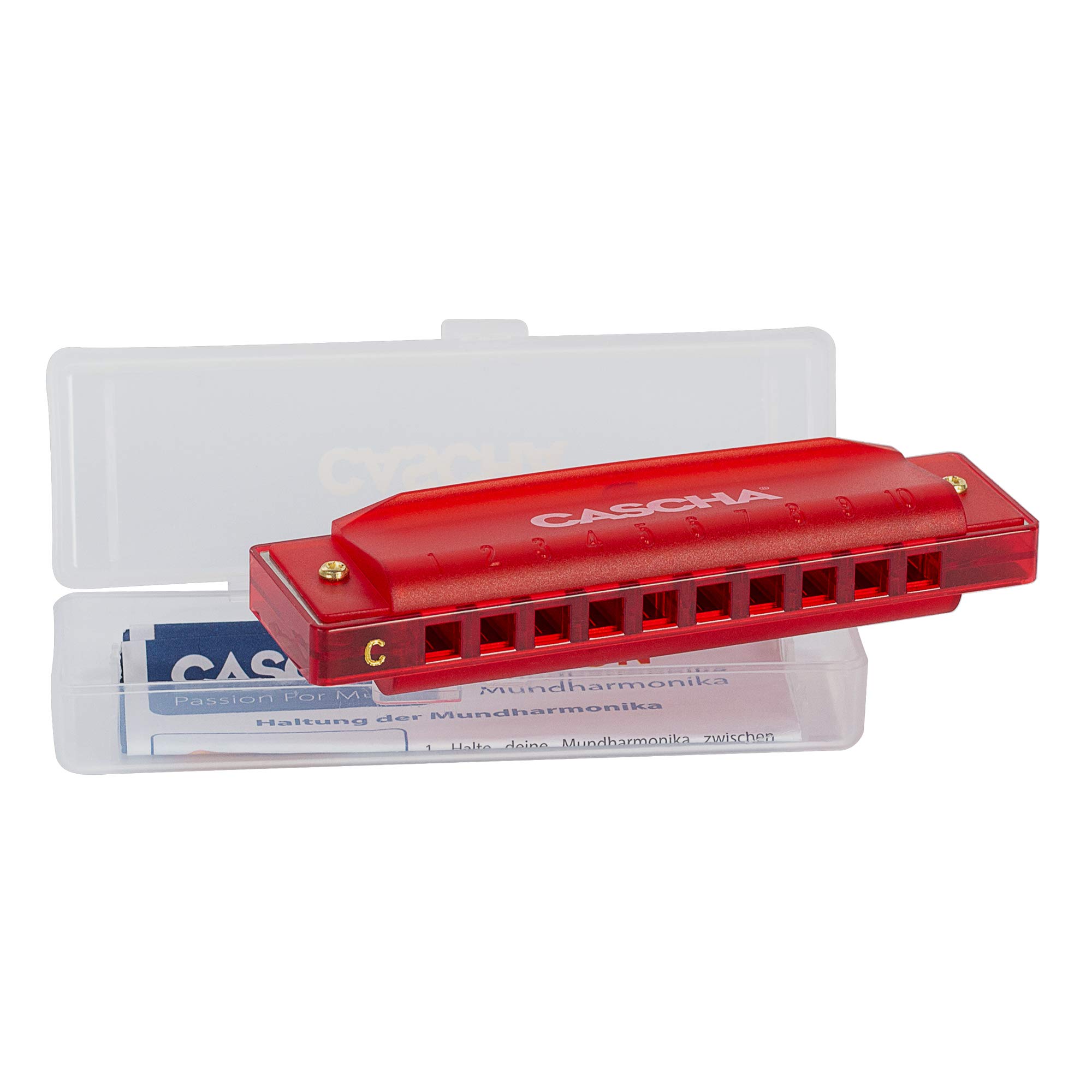 CASCHA HH 2273 Fun Blues Harmonica in C Major - Diatonic 10-Hole Harmonica for Children and Adults - Modern Semi-Transparent Design - High Quality & Long Service Life - Blues Harp Red
