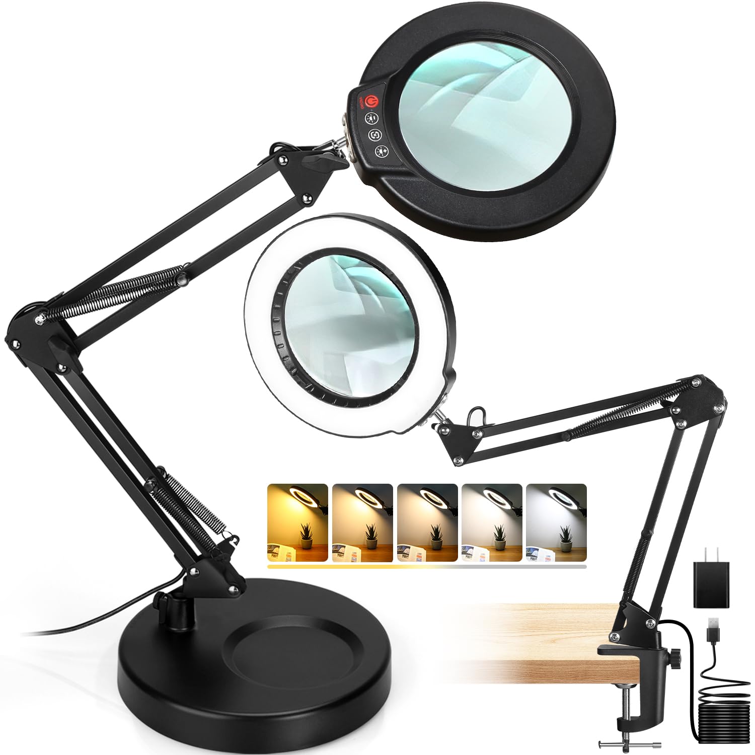 Photo 1 of 10X Magnifying Glass with Light and Stand, 2-in-1 Desk Lamp & Clamp Light, Seylae 5 Color Modes, Brightness Stepless Dimmable LED Lighted Magnifier Hands Free, Magnifier Lamp for Close Work, Reading